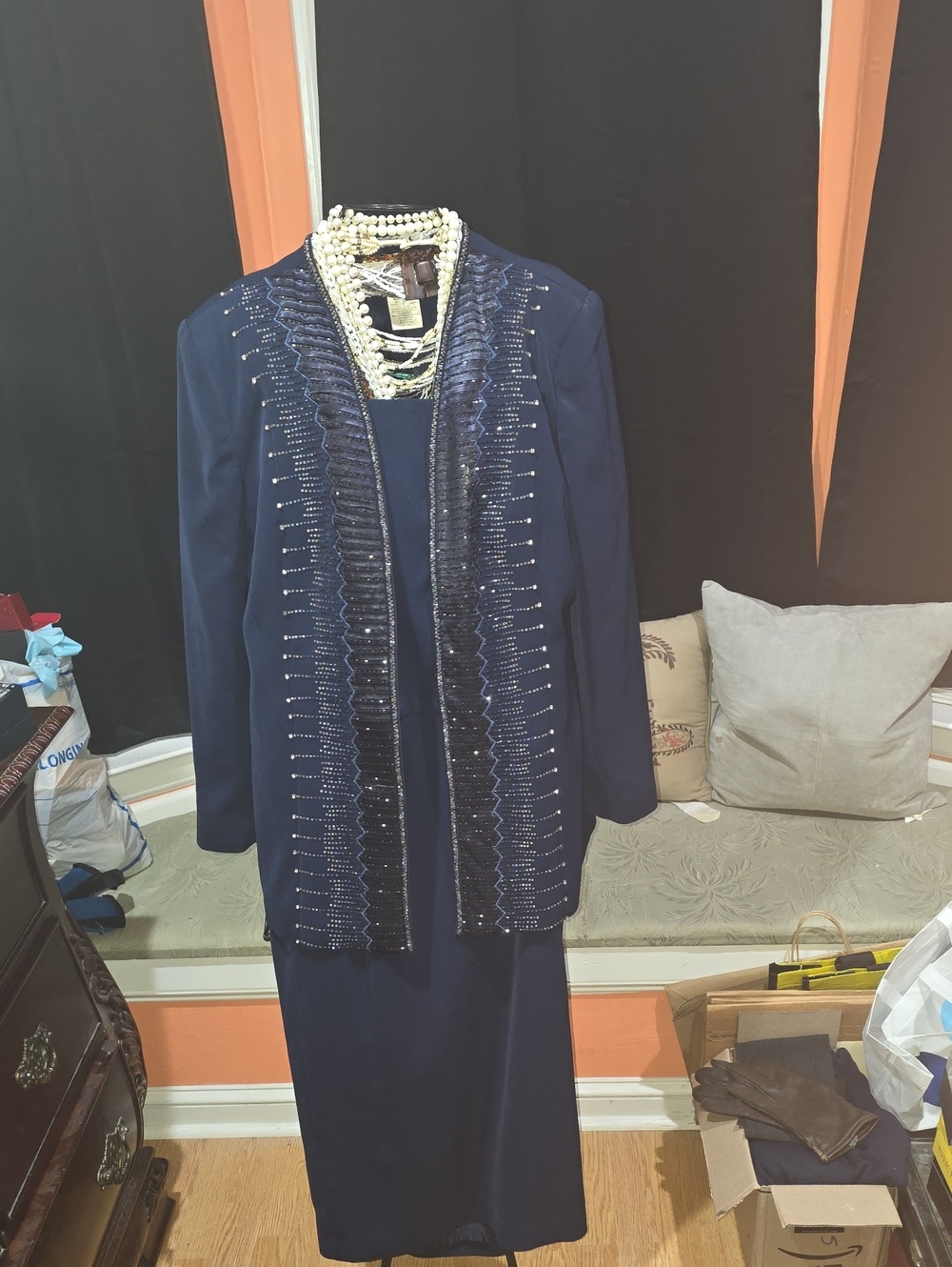 St Anthony Evening Beaded Navy Women's Jacket & Skirt Set